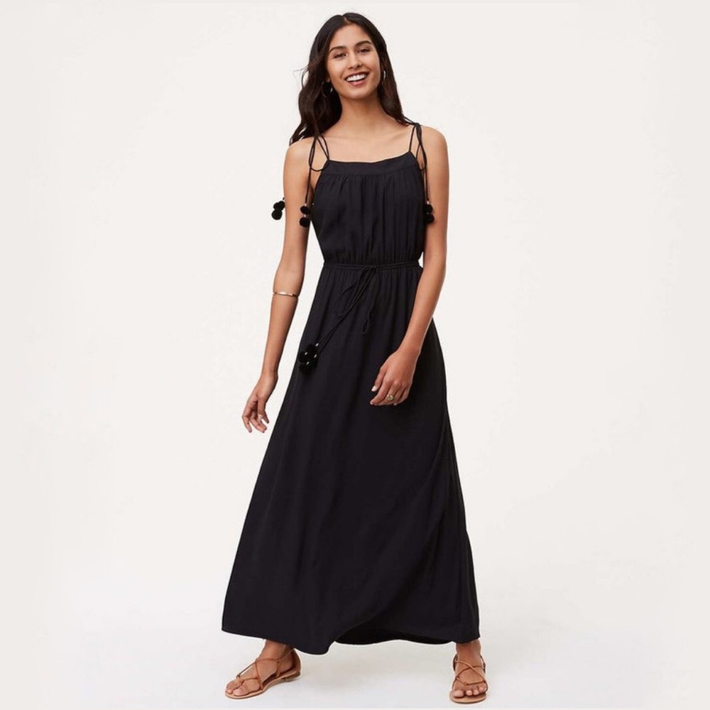 Loft Pom Pom Tie Waist Maxi Dress in Black